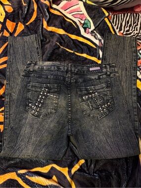 Rocawear Women’s Distressed Dark Wash Jeans with Embellished Back Pockets